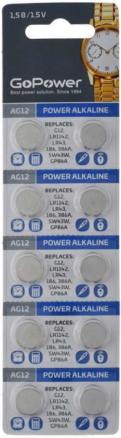 Батарейка GoPower G12/LR1142/LR43/386A/186 BL10 Alkaline 1.55V (10/100/3600) Элементы питания (батарейки) фото, изображение